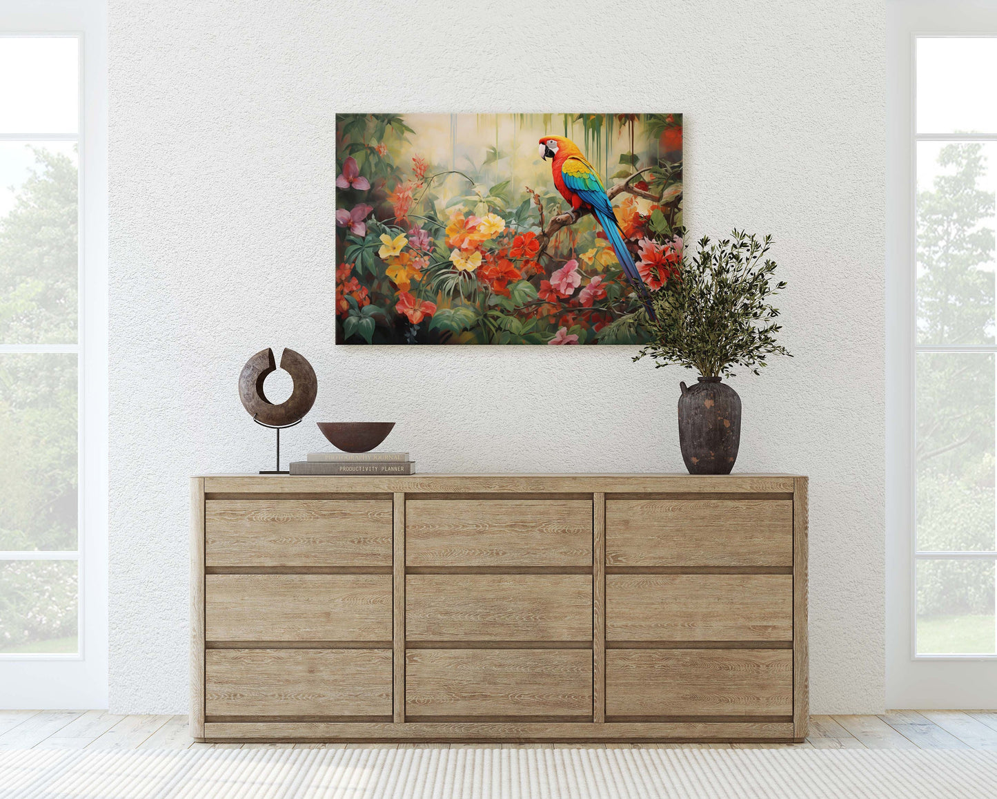 Jungle Bird Painting, Jungle Art, Green Jungle, Framed Canvas, Large Print, Beautiful Bird, Flower Jungle, Tropical Forest, Rainforest Art