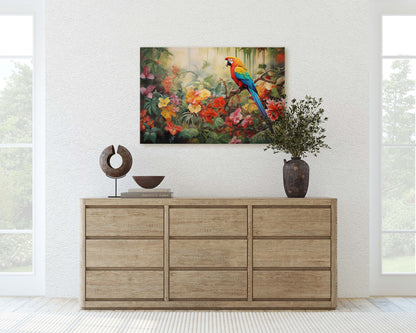 Jungle Bird Painting, Jungle Art, Green Jungle, Framed Canvas, Large Print, Beautiful Bird, Flower Jungle, Tropical Forest, Rainforest Art