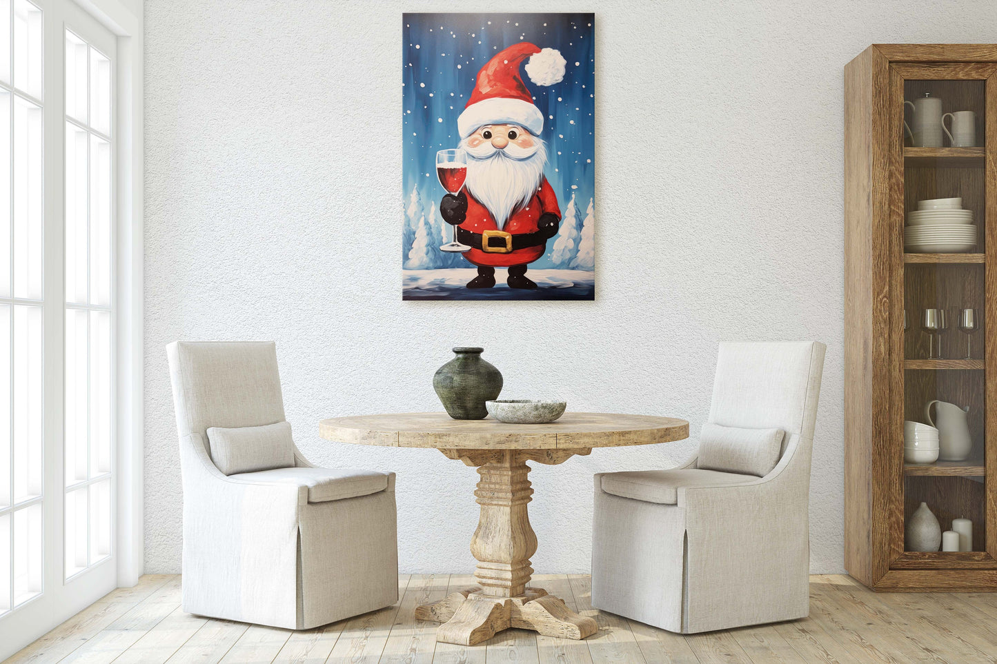 Cute Santa Wine, Santa Clause, Christmas Decor, Santa Painting, Saint Nick, Christmas Gift, Framed Canvas, Father Christmas, Holiday Artwork