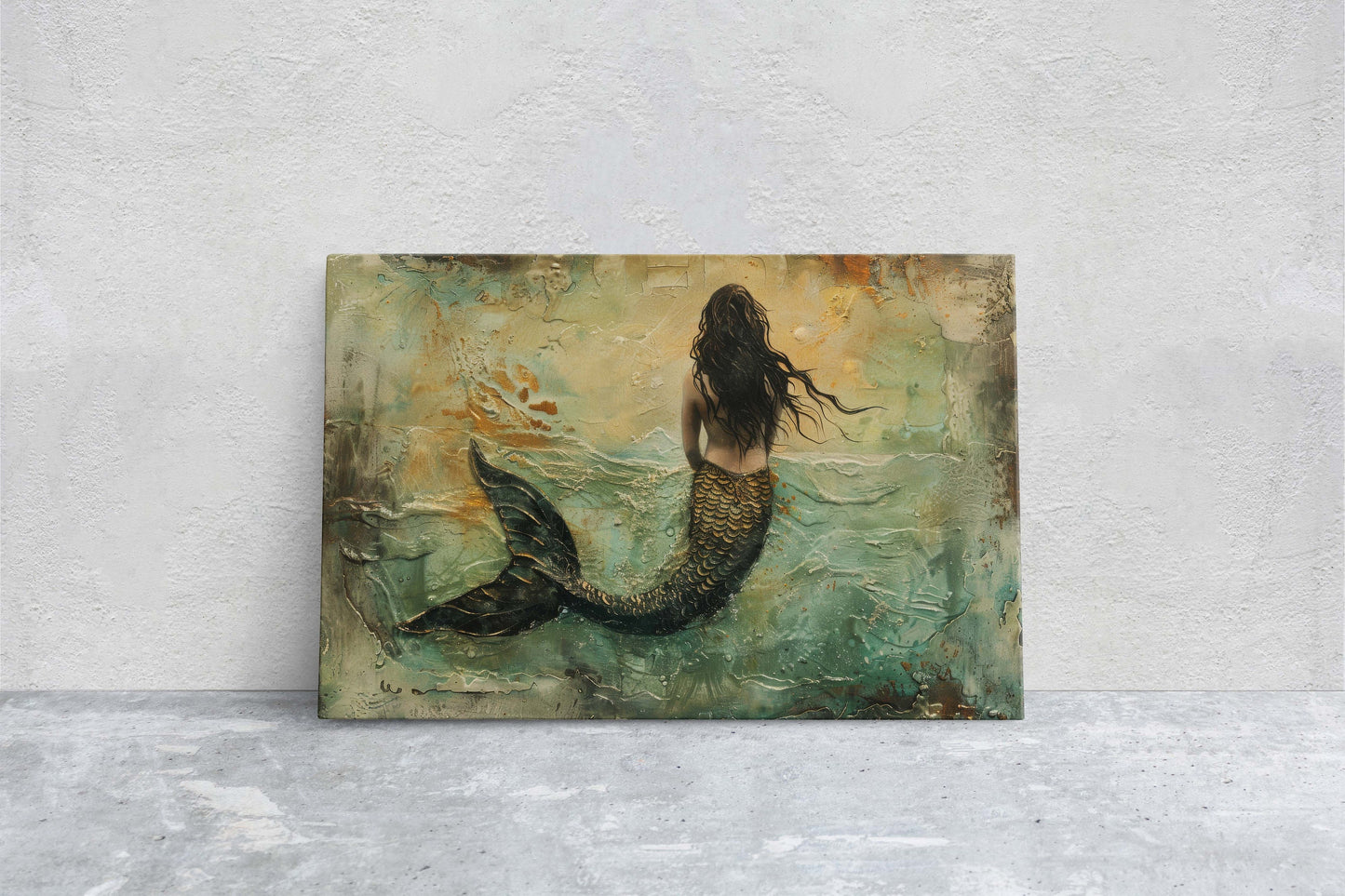 Mermaid in Solitude, Nautical Artwork, Ocean Decor, Mythical Creature, Fantasy Decor, Faux Metal, Framed Canvas, Extra Large Print