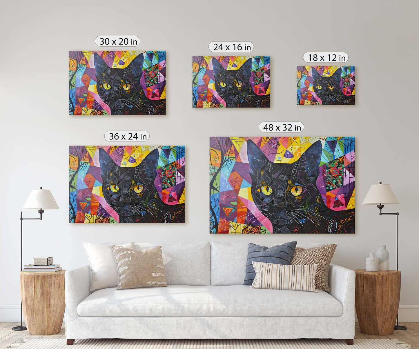 Geometric Cat Art, Whimsical Colorful, Abstract Cat, Pop Art, Large Art Print, Framed Canvas, Black Cat, Cat Lover, Animal Art