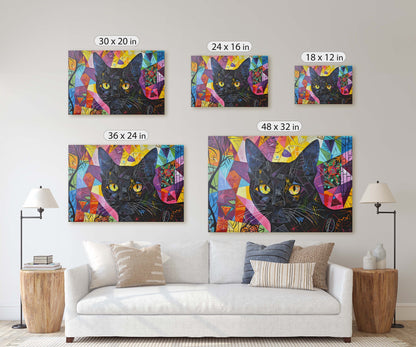 Geometric Cat Art, Whimsical Colorful, Abstract Cat, Pop Art, Large Art Print, Framed Canvas, Black Cat, Cat Lover, Animal Art