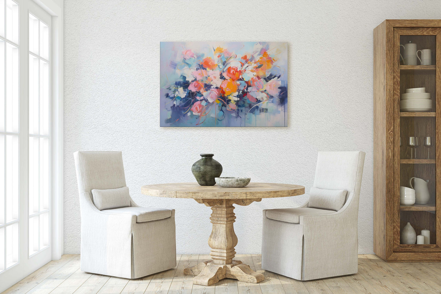 Abstract Floral Print, Flowers in Rain, Blue Canvas, Fine Art, Modern Artwork, Contemporary Print, Framed Canvas