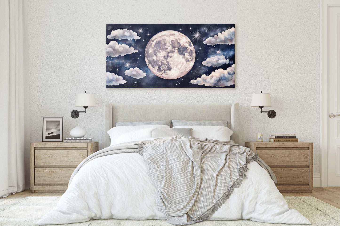 Cloudy Moon Sky, Moon Painting, Moon and Stars