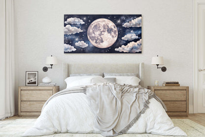 Cloudy Moon Sky, Moon Painting, Moon and Stars