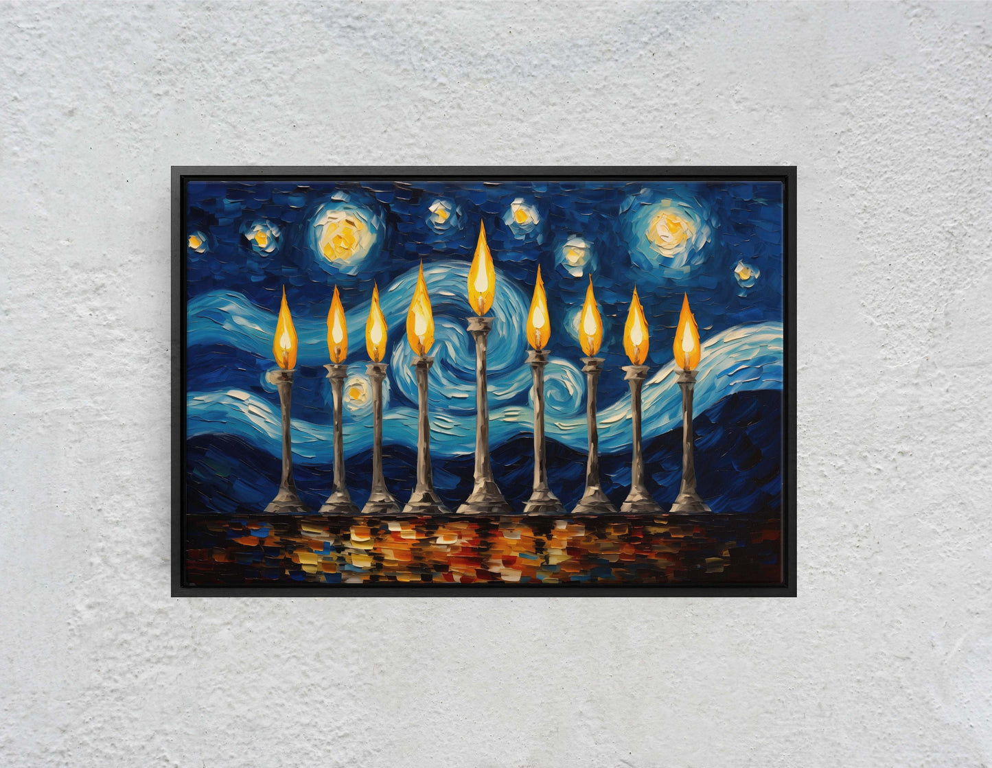 Starry Menorah, Hanukkah Painting, Festive Decor, Winter Season, Jewish Art, Chanukah, Framed Canvas, Jewish Print