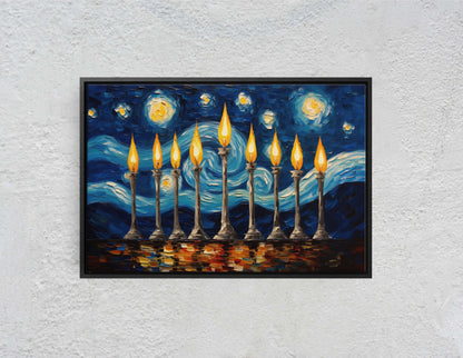 Starry Menorah, Hanukkah Painting, Festive Decor, Winter Season, Jewish Art, Chanukah, Framed Canvas, Jewish Print