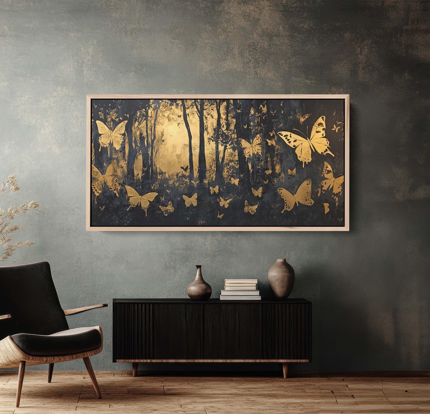 Butterfly Forest, Black and Gold Trees, Wide Canvas print, Modern Contemporary