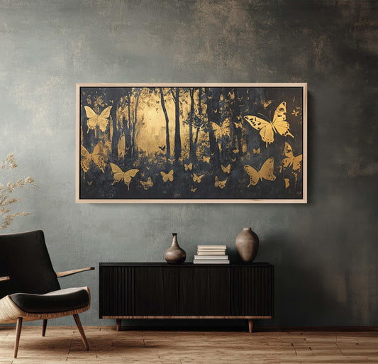Butterfly Forest, Black and Gold Trees, Wide Canvas print, Modern Contemporary