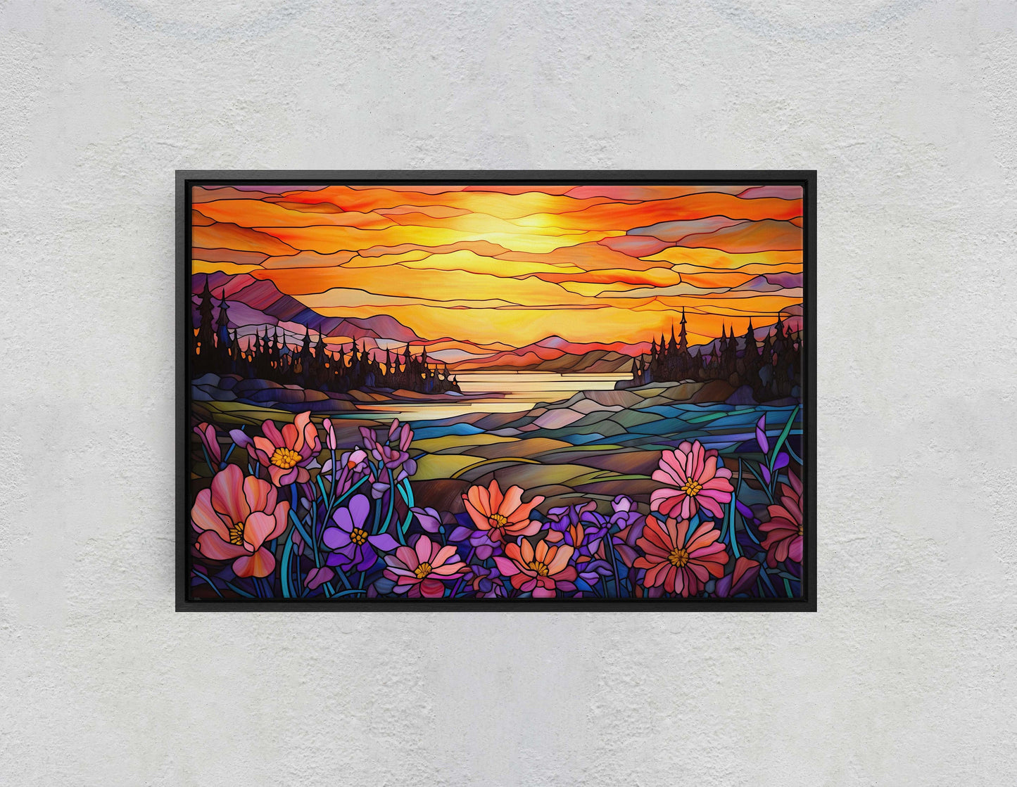 Stained Glass Painting, Faux Stained Glass, Sunset Flowers, Sunrise Field, Mountain Landscape, Framed Canvas, Vivid Colorful
