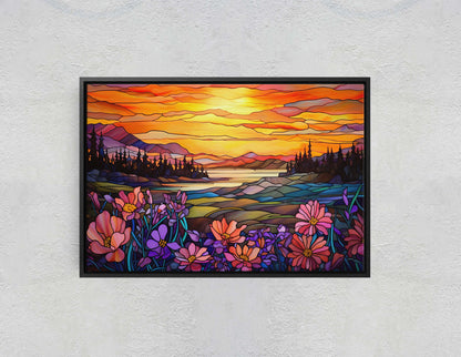 Stained Glass Painting, Faux Stained Glass, Sunset Flowers, Sunrise Field, Mountain Landscape, Framed Canvas, Vivid Colorful