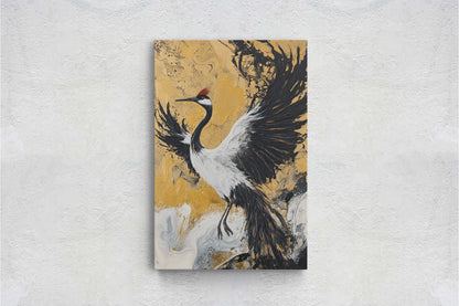 Japanese Crane, Gold Crane, Wabi Sabi, Bird Print, Japandi