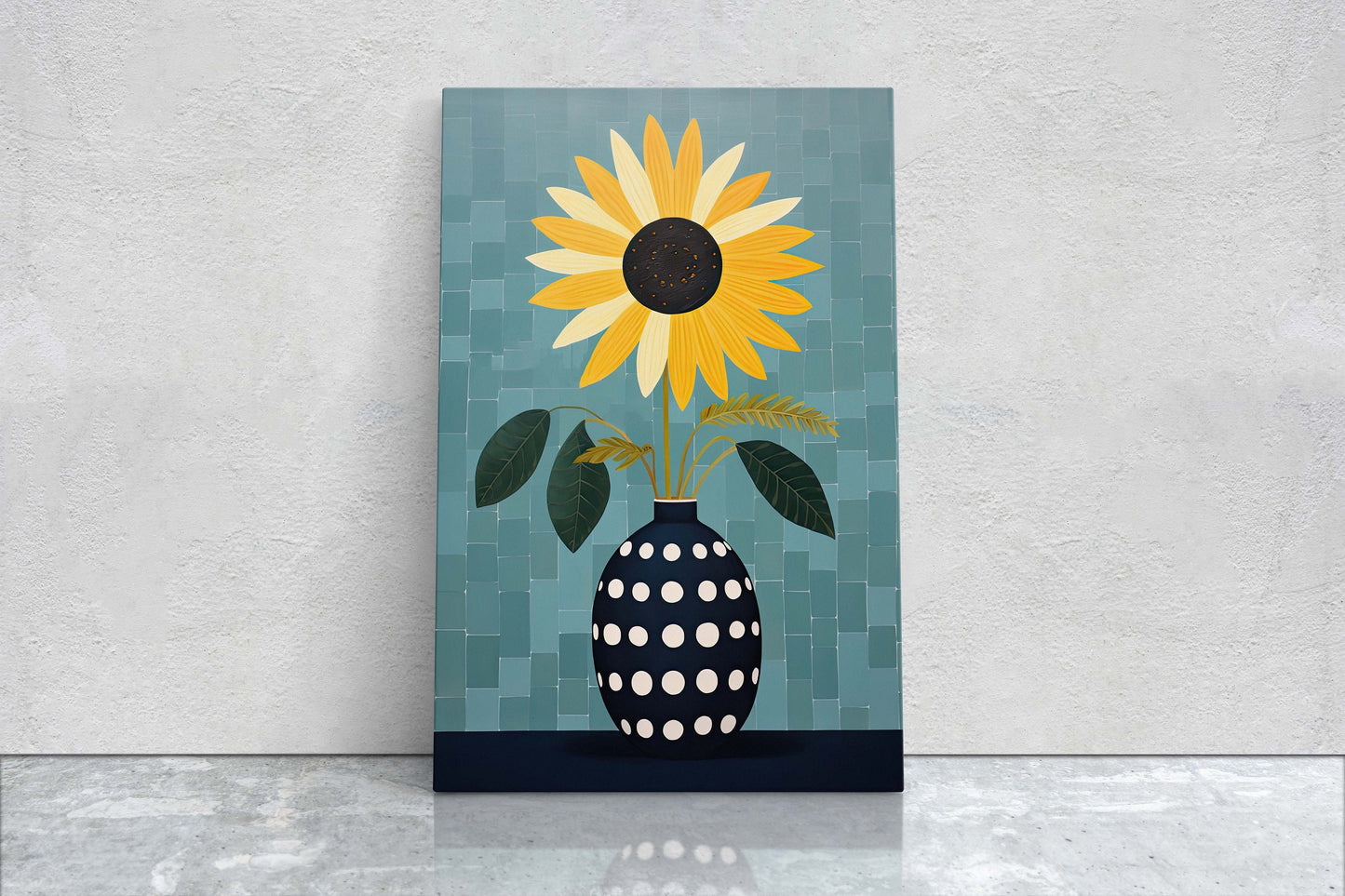 Sunflower Vase, Yellow and Blue, Indigo and Gold, Framed Canvas, Vertical Portrait, Large Art Print, Simple Bold, Contemporary Painting