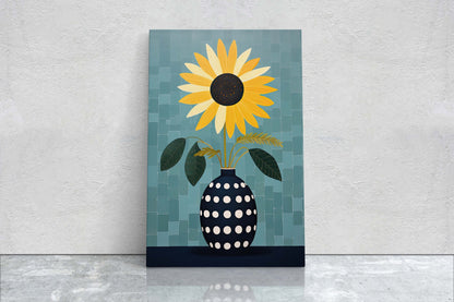Sunflower Vase, Yellow and Blue, Indigo and Gold, Framed Canvas, Vertical Portrait, Large Art Print, Simple Bold, Contemporary Painting