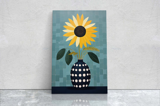 Sunflower Vase, Yellow and Blue, Indigo and Gold, Framed Canvas, Vertical Portrait, Large Art Print, Simple Bold, Contemporary Painting