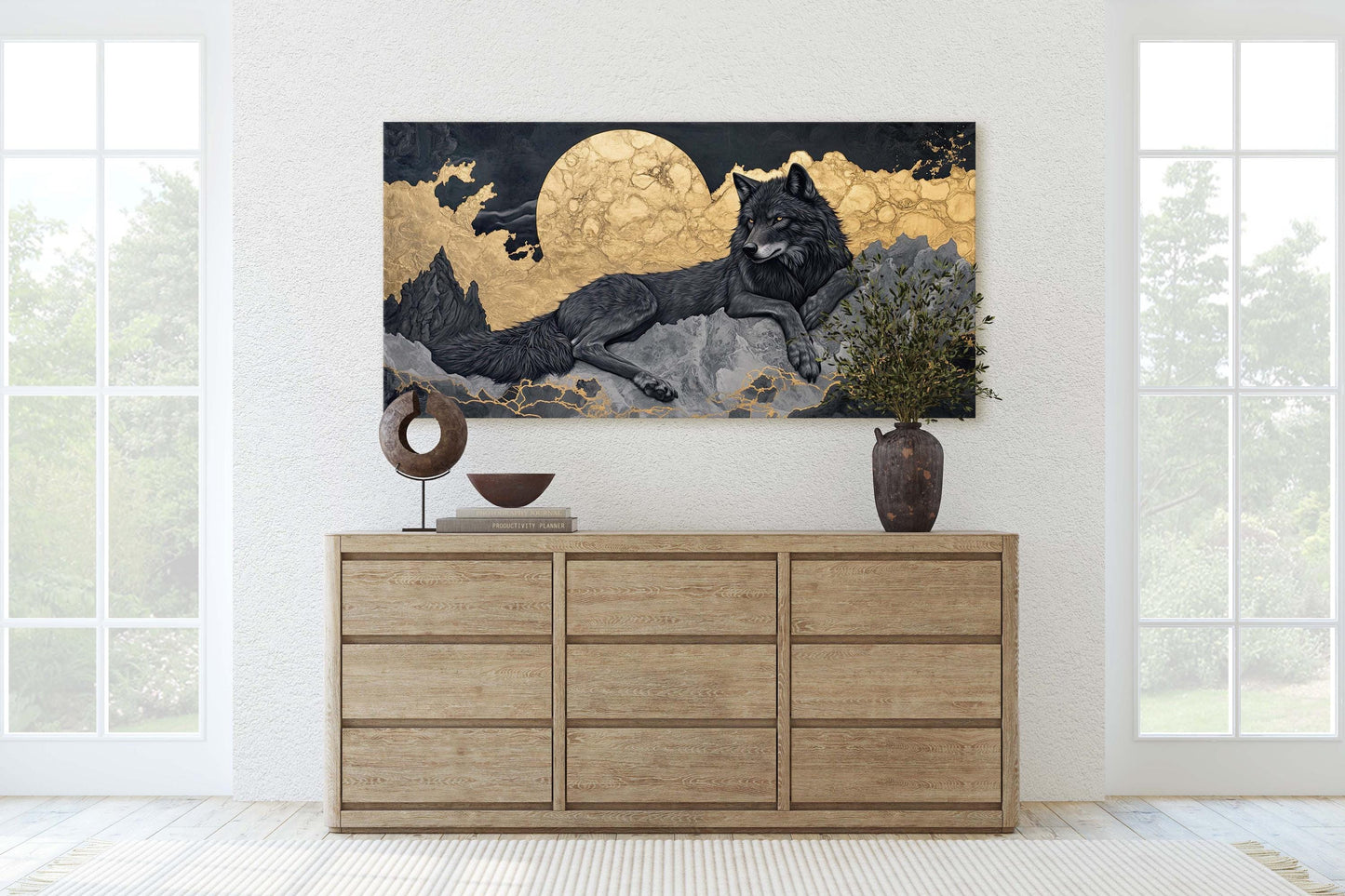 Lone Wolf Contemporary, Black and Gold Wolf, Wolf Moon