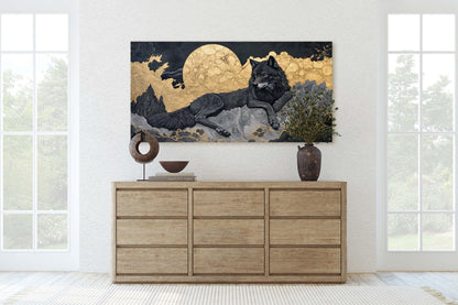 Lone Wolf Contemporary, Black and Gold Wolf, Wolf Moon