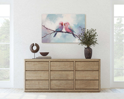 Love Birds, Love At First Sight, Bird Art Print, Pastel Colors, Blue Pink Purple