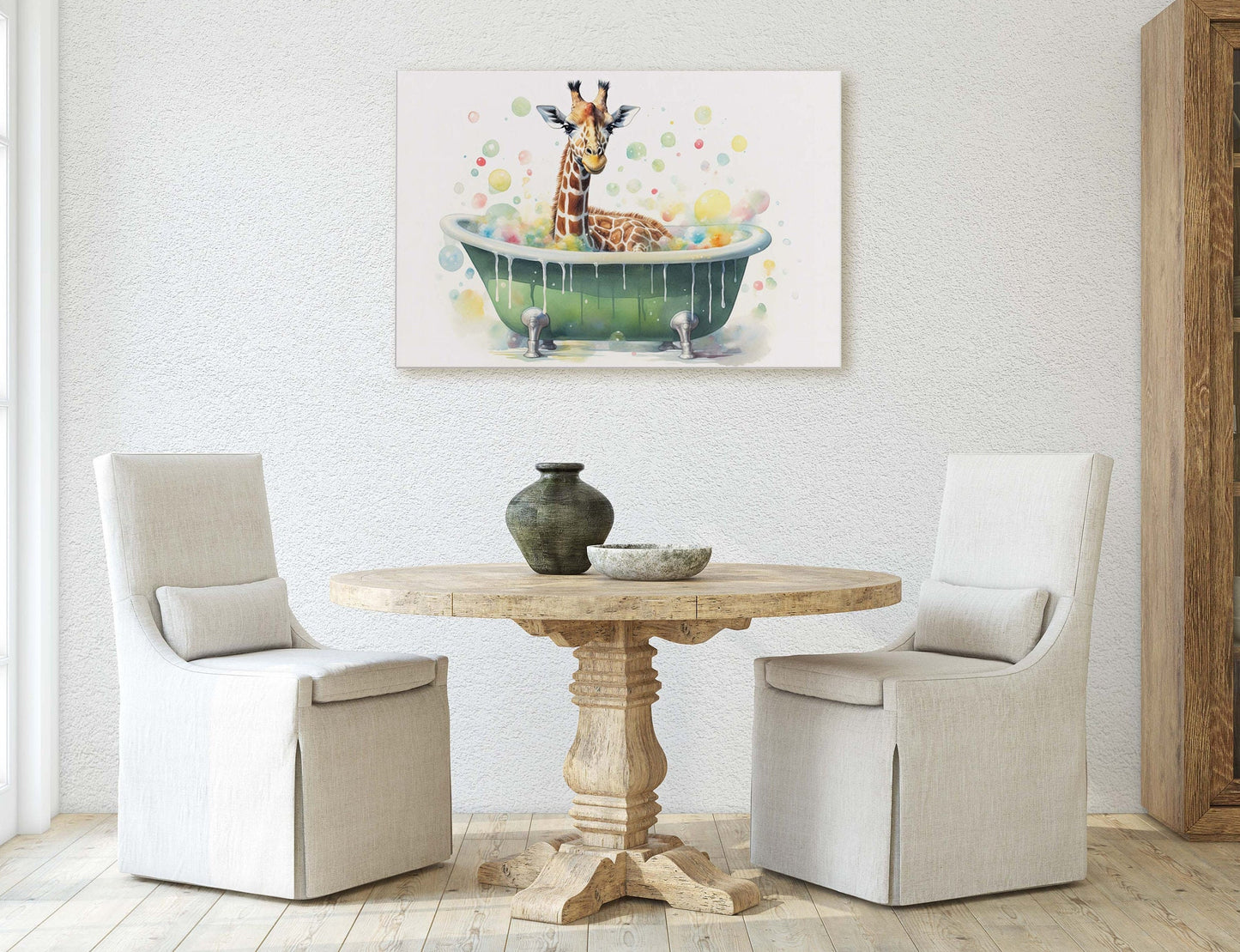 Giraffe Bath, Giraffe in Bathtub, Bathroom Decor, Kids Bath, Powder room, Fun Art, Cute Giraffe Elephant, Bath time Art, Silly Decor