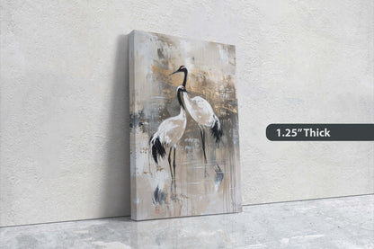 Japanese Gold Cranes, Gold and Beige, Minimalist Art, Heron Decor, Framed Canvas, Japandi Print, Extra Large, Neutral Tones