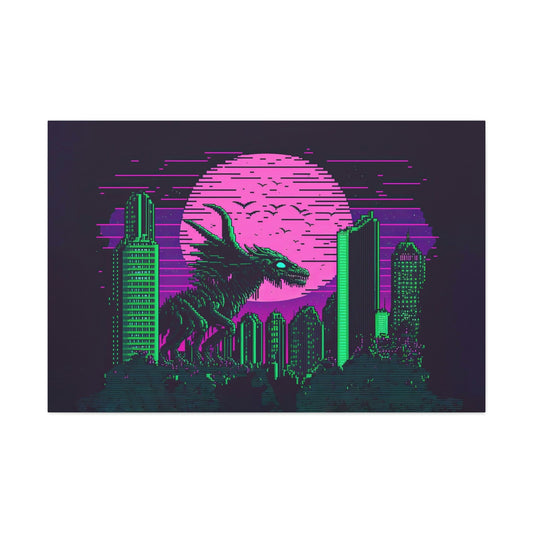 Alien Monster Destroying City Canvas Art Ready To Hang | Vapor wave | Outrun | Pixel | Man Cave