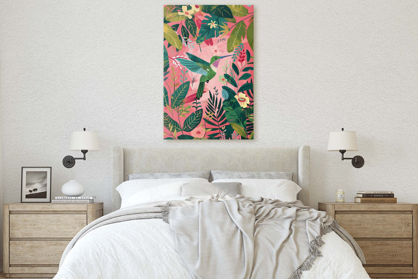 Hummingbird Pink, Framed Canvas, Tropical Art, Maximalist Jungle, Botanical Print, Bold Eclectic, Pink Art