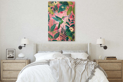 Hummingbird Pink, Framed Canvas, Tropical Art, Maximalist Jungle, Botanical Print, Bold Eclectic, Pink Art