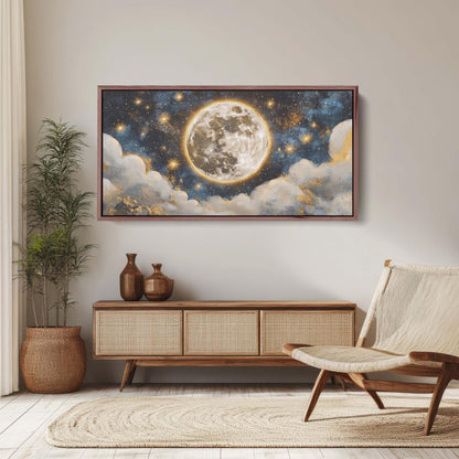 Full Moon Vintage ,Cloudy Moon Sky, Moon Painting, Moon and Stars