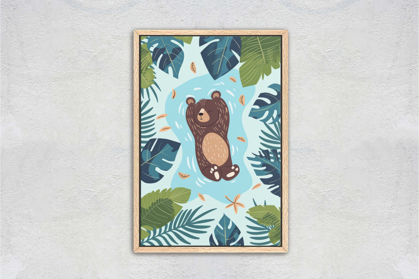 Baby Bear Relaxing, Bear Cub, Swimming Bear, Framed Canvas, Nursery Decor, Childrens Room, Kids Room, Illustration, Forest Art