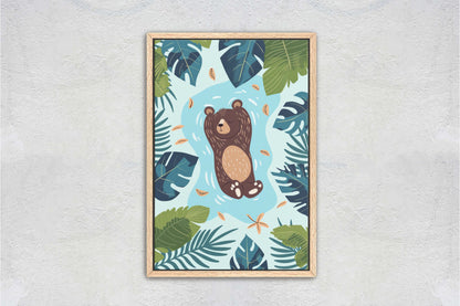 Baby Bear Relaxing, Bear Cub, Swimming Bear, Framed Canvas, Nursery Decor, Childrens Room, Kids Room, Illustration, Forest Art