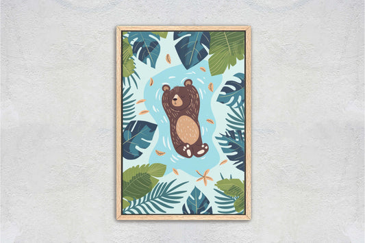 Baby Bear Relaxing, Bear Cub, Swimming Bear, Framed Canvas, Nursery Decor, Childrens Room, Kids Room, Illustration, Forest Art