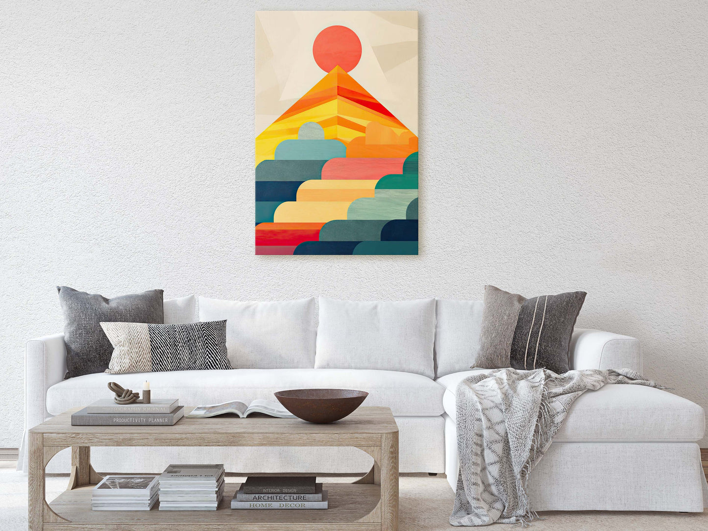 Cloudy Mountain on Canvas, Sunset Decor, Flat Art, Vibrant Color, Bold Art, Vertical, Abstract, Mid Century Modern, Scandinavian Print