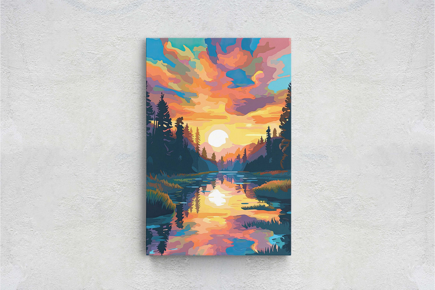Lake at Sunset, Fauvist Color, Calm Water, Chromatic, Impressionist Art, Landscape Decor, Nature Painting, Ready to Hang, Canvas Print