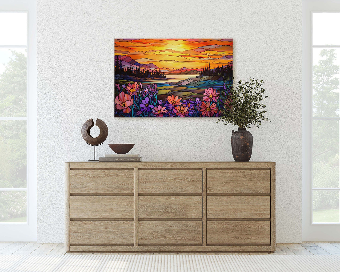 Stained Glass Painting, Faux Stained Glass, Sunset Flowers, Sunrise Field, Mountain Landscape, Framed Canvas, Vivid Colorful