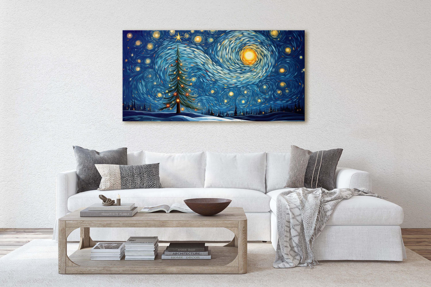 Starry Night Christmas, Christmas Tree, Pine Tree, Winter Decor, Festive Art, X-mas Print, Framed Canvas