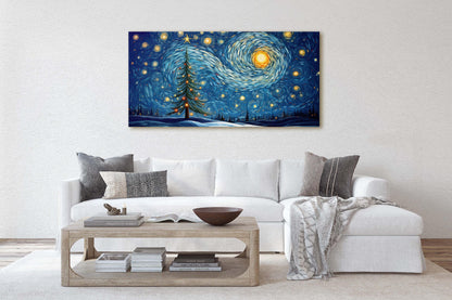 Starry Night Christmas, Christmas Tree, Pine Tree, Winter Decor, Festive Art, X-mas Print, Framed Canvas