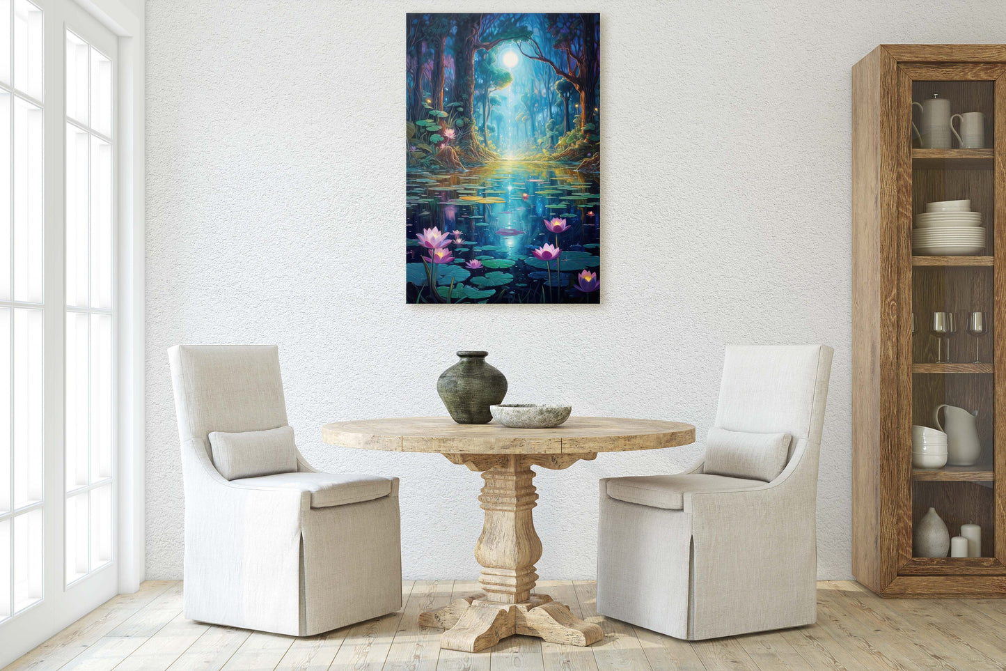 Enchanted Pond, Lamps Night Art, Lantern Forest, Vertical Canvas, Fantasy Decor, Office Art, River Art, Lily Pond, Floating Flower
