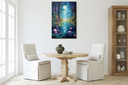 Enchanted Pond, Lamps Night Art, Lantern Forest, Vertical Canvas, Fantasy Decor, Office Art, River Art, Lily Pond, Floating Flower