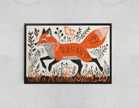 Fox Linocut, Folk Art, Scandinavian Art,  Framed Canvas, Nature Print, Whimsical, Cottagecore