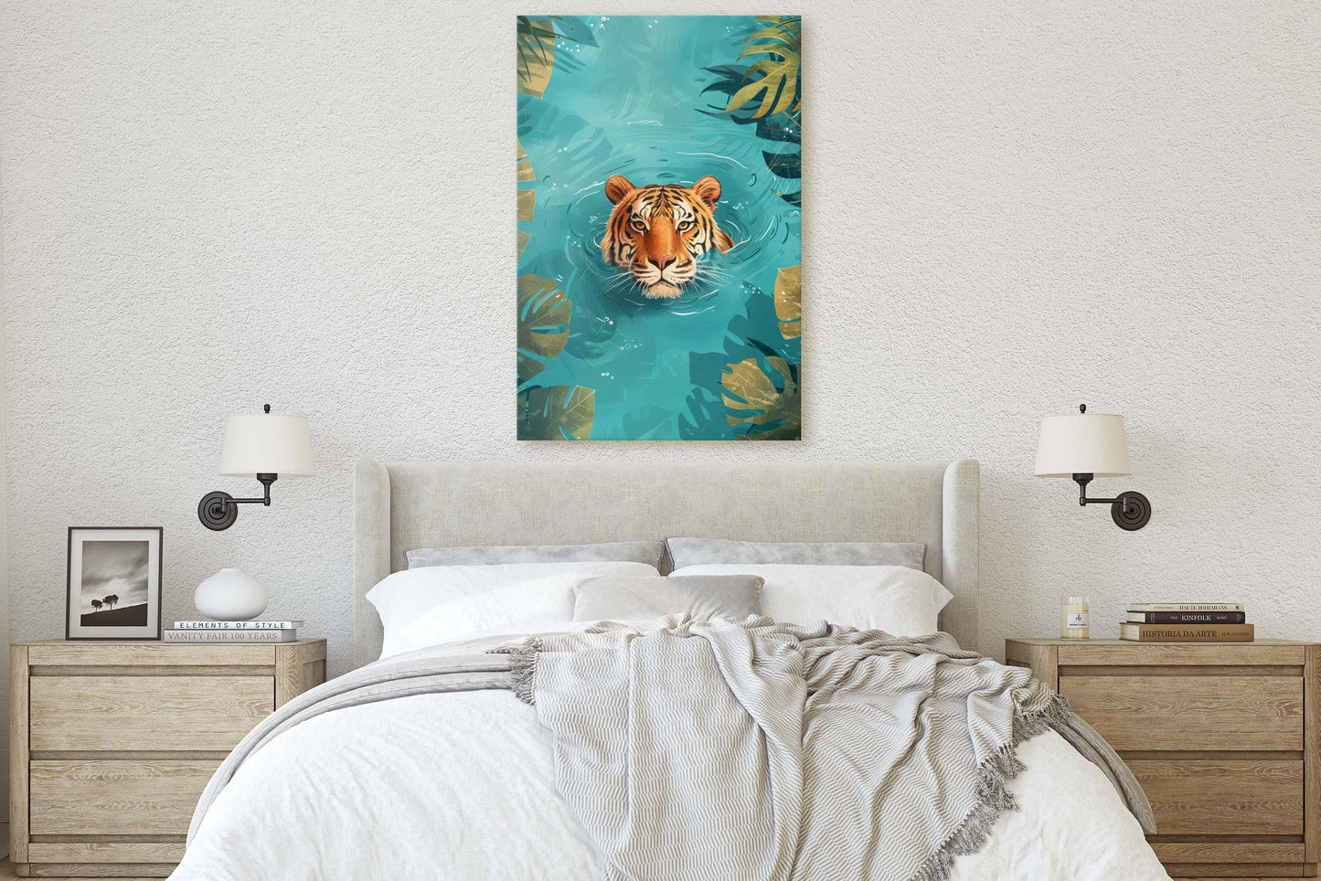 Tiger in Water, Big Cat Art, Framed Canvas, Large Art Print, Tropical Decor, Rainforest Print, Jungle Art