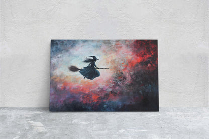 Flying Witch, Witch on Broomstick, Whimsical Decor, Full Moon, Halloween Art, Cloudy, Fall Art, Colorful