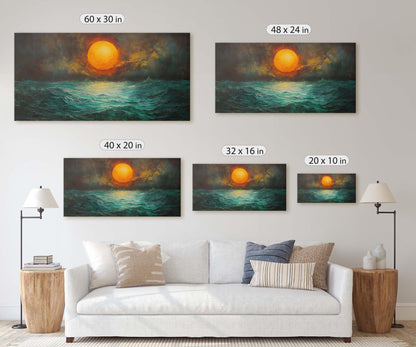 Dark Sunset, Orange Sun, Green Sea, Dark Colors, Moody Print
