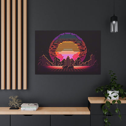 Pixel Art Sunset City Canvas Art Ready To Hang Large Print, Man Cave, Video Game, Retro, Synthwave