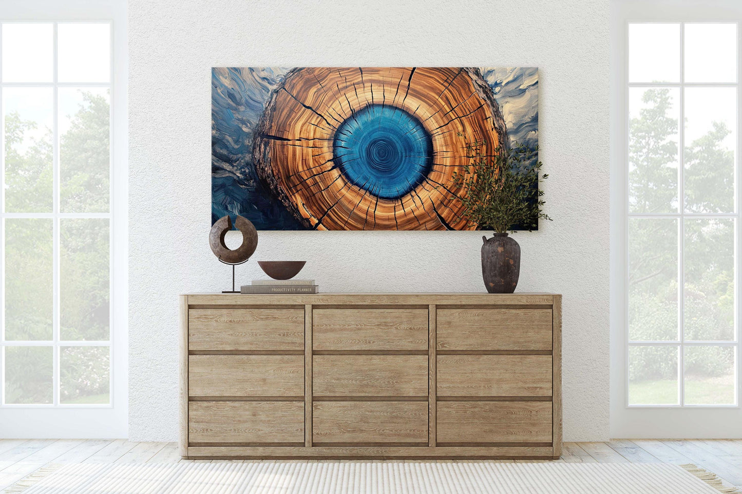 Modern Tree Decor, Contemporary Art, Blue Log, Wide Print,