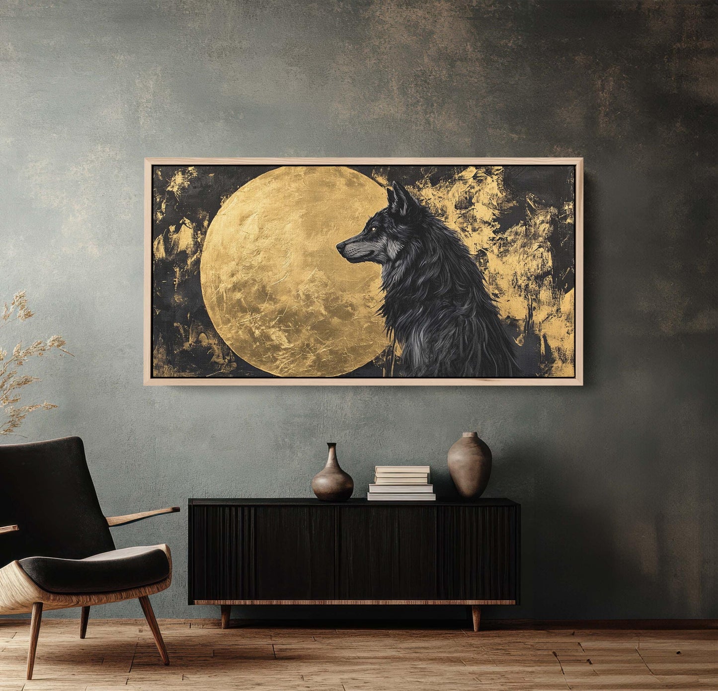 Lone Wolf Contemporary, Black and Gold Wolf, Wolf Moon