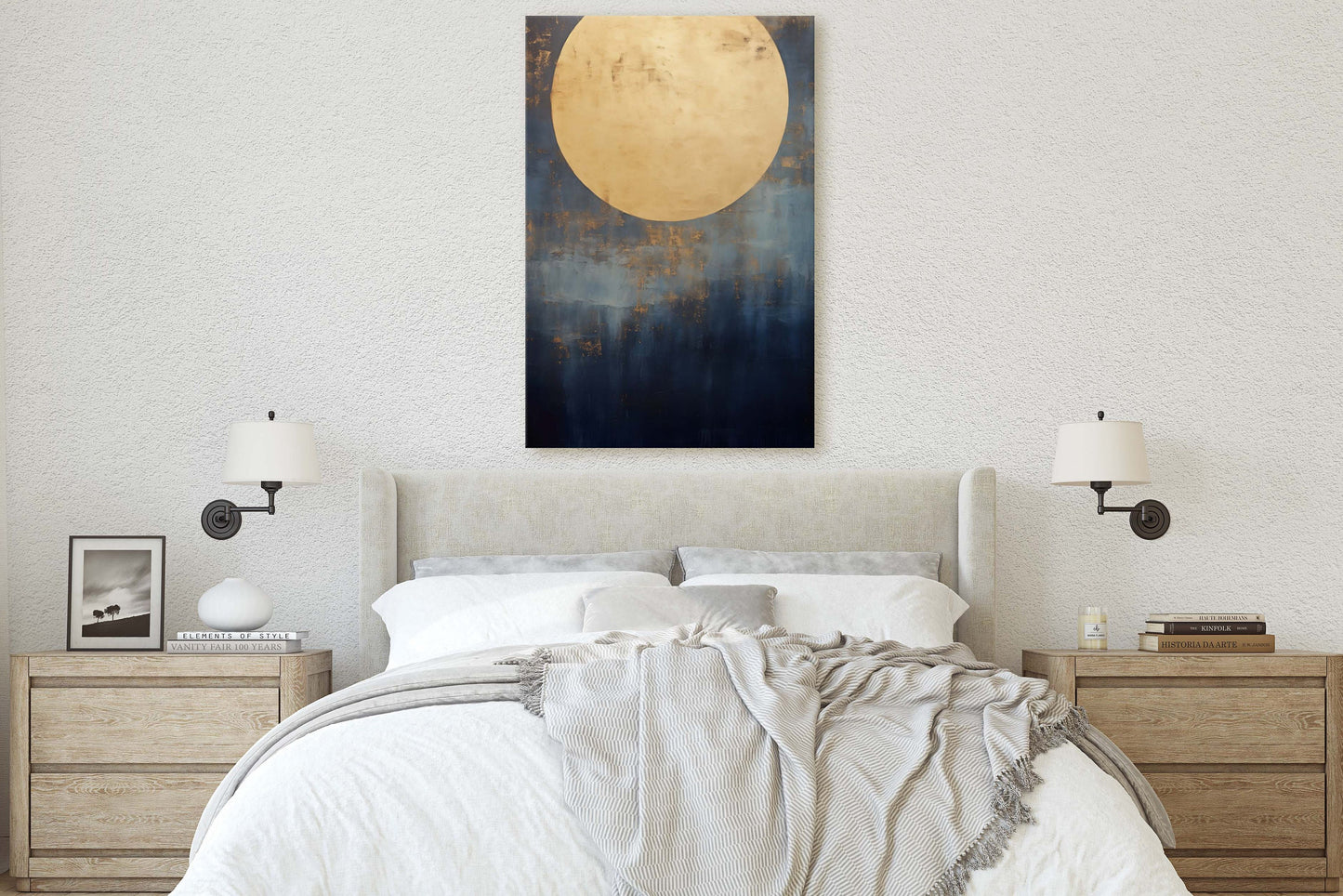 Gold Moon on Indigo, Moon Painting, Minimalist Art, Circle Indigo, Maximalist Art, Contemporary Decor, Celestial Art, Space Decor, Night Sky