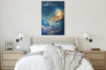 Cloudy Moon Sky, Moonlit Night, Golden Night, Full Moon Painting, Celestial Art, Nature, Retro Style