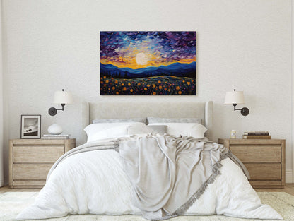 Flowers and Stars, Flower Field Painting, Blues Purples and orange, Moonlit Night, Sunset, Sunrise, Landscape Painting