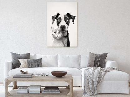 Black White Cat Dog, Loving Pets, Cute Animals, Minimalism, Animal Art, Kitten Decor, Puppy Art, Framed Canvas, Quirky Animal