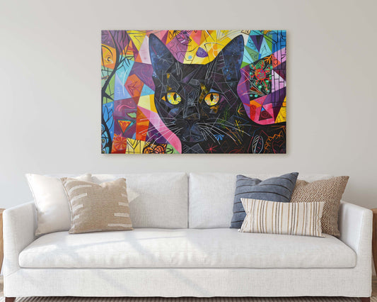 Geometric Cat Art, Whimsical Colorful, Abstract Cat, Pop Art, Large Art Print, Framed Canvas, Black Cat, Cat Lover, Animal Art